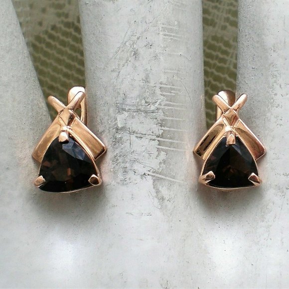 Russian Russia 14K 585 Rose Pink Gold Smokey Topaz Triangle Pierced Earrings - Picture 1 of 6